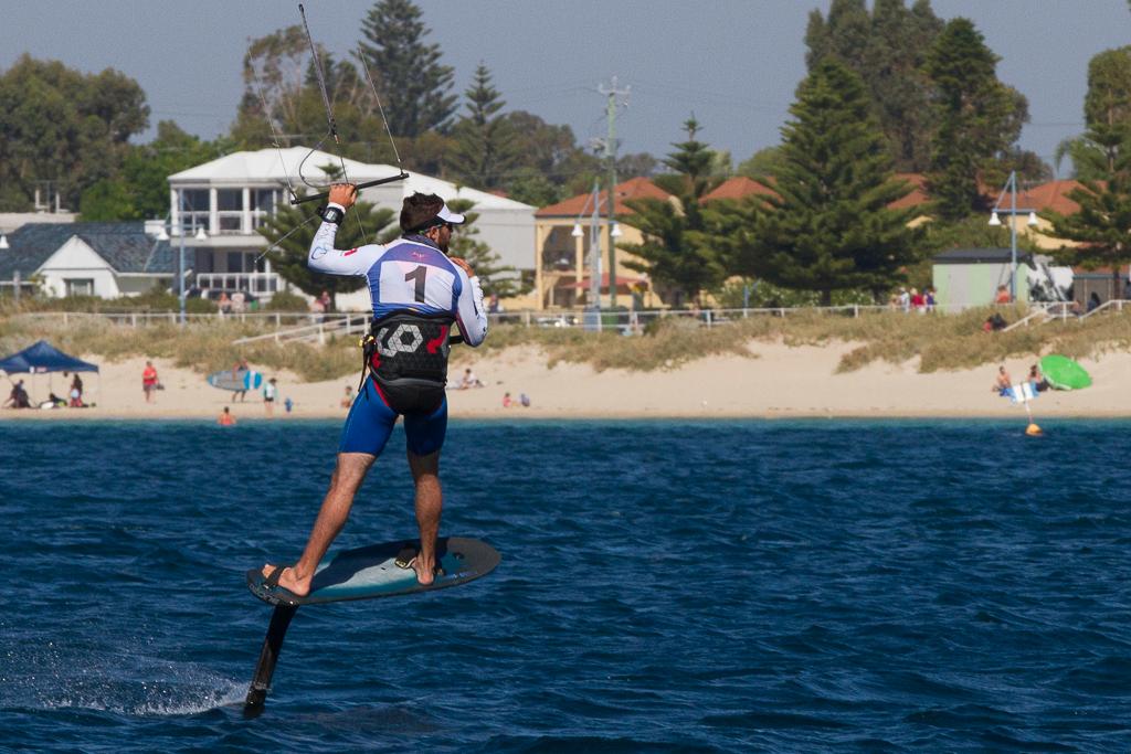 Nico Parlier salutes the finish team and was superb again to notch another six wins from six races - Hydrofoil World Pro Tour Final Round © Bernie Kaaks