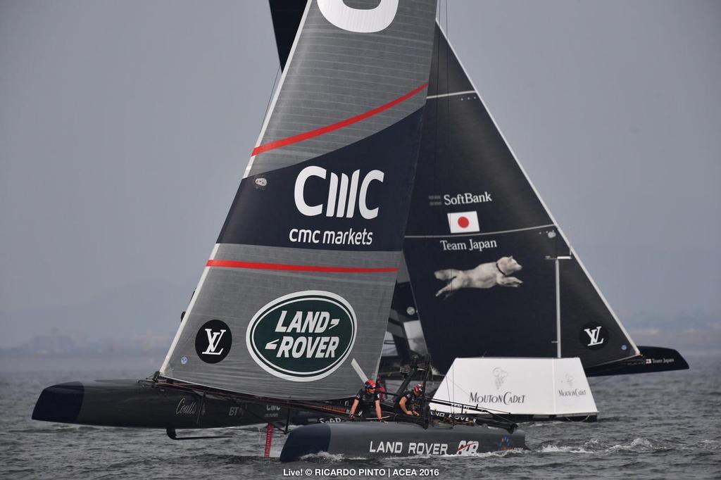 Land Rover BAR crosses ahead of Artemis Racing - Louis Vuitton America&rsquo;s Cup World Series Fukuoka photo copyright ACEA / Ricardo Pinto http://photo.americascup.com/ taken at  and featuring the  class