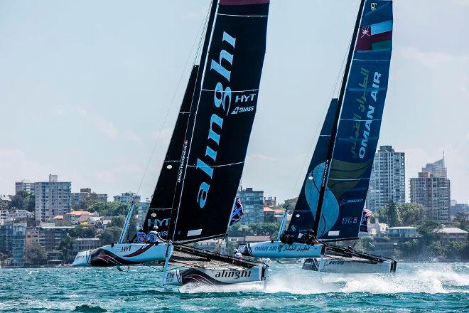 Act 8, Extreme Sailing Series Sydney 2016 – Day 1 – Alinghi and Oman Air battled it out on the opening day of racing, which saw Alinghi finish the day at the top of the Act leaderboard. © Jesus Renedo / Lloyd images