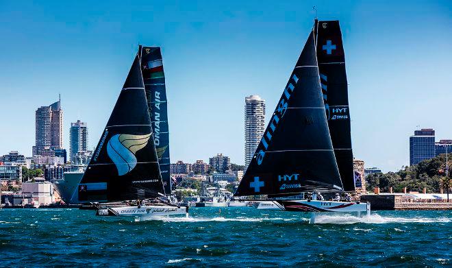 Act 8, Extreme Sailing Series Sydney – Day 2 – Oman Air and Alinghi are neck and neck at the halfway stage of the final Act of the 2016 season. © Jesus Renedo / Lloyd images