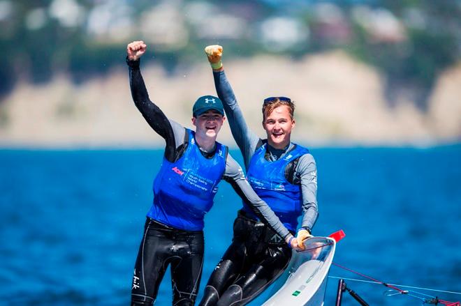 Crispin Beaumont and Tom Darling in 29er action - Aon Youth Sailing World Championships ©  Sailing Energy
