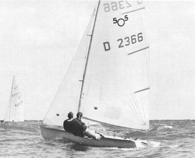 Paul Elvstrøm trapezing and helming his 505 at the World Championships in Adelaide in 1962 with Pip Pearson, a local sailor he picked up off the beach. They finished a close second. © SW