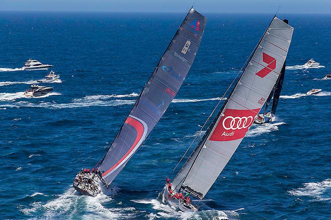 Beau Geste (under WOXI’s mainsail) taking Scallywag (windward) and Wild Oats XI into the sea mark to head for Hobart. - 2016 Rolex Sydney Hobart Yacht Race © Andrea Francolini