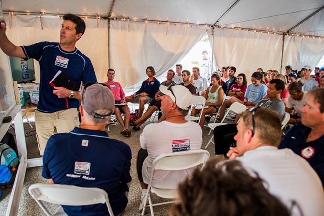 Malcolm Page (left) addresses US Sailing Team athletes for the first time as head of the program. © Jen Edney