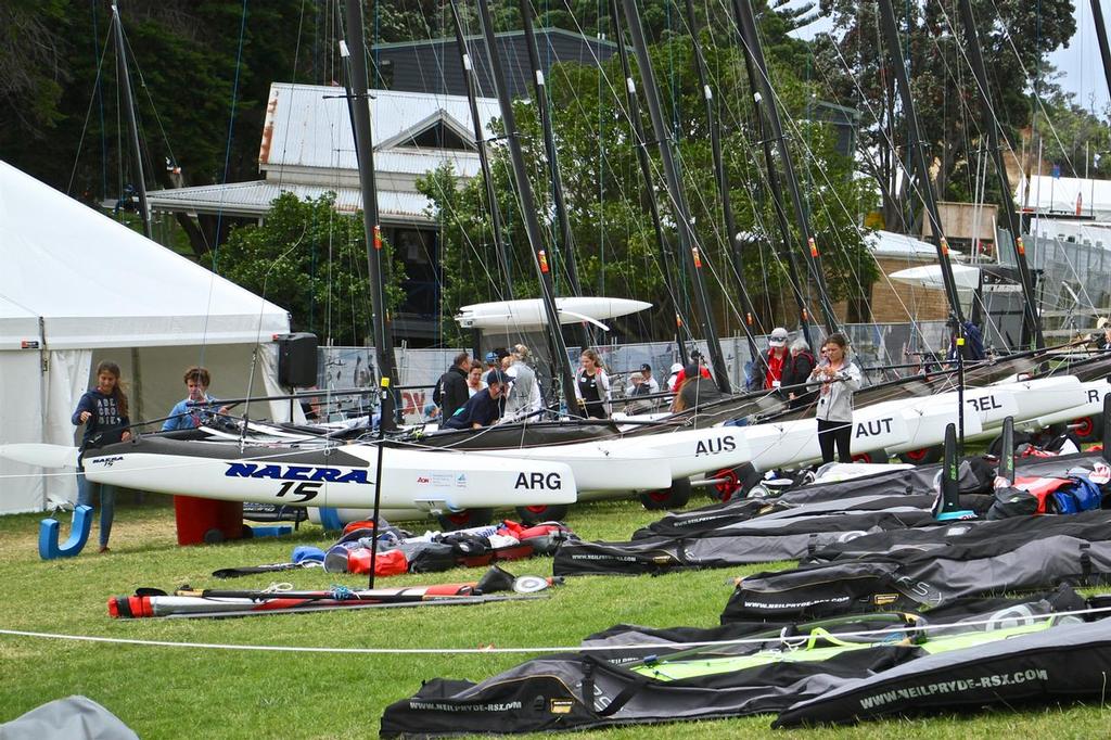 Nacra 15's lined up to go - Aon Youth Worlds 2016, Torbay, Auckland, New Zealand photo copyright Richard Gladwell www.photosport.co.nz taken at  and featuring the  class