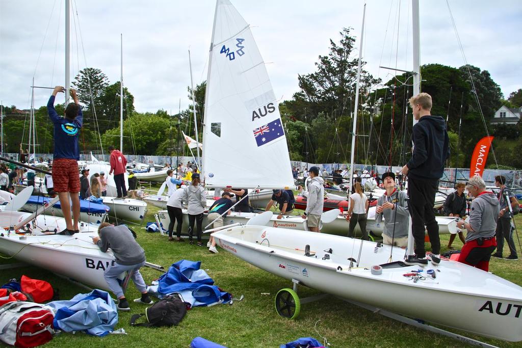 Spreader adjustment on the 420's - Aon Youth Worlds 2016, Torbay, Auckland, New Zealand photo copyright Richard Gladwell www.photosport.co.nz taken at  and featuring the  class