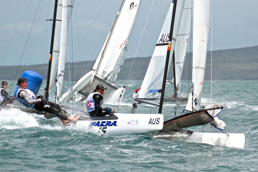 Nacra 15 capsize- Aon Youth Worlds 2016, Torbay, Auckland, New Zealand, Day 3, December 18, 2016 photo copyright Richard Gladwell www.photosport.co.nz taken at  and featuring the  class