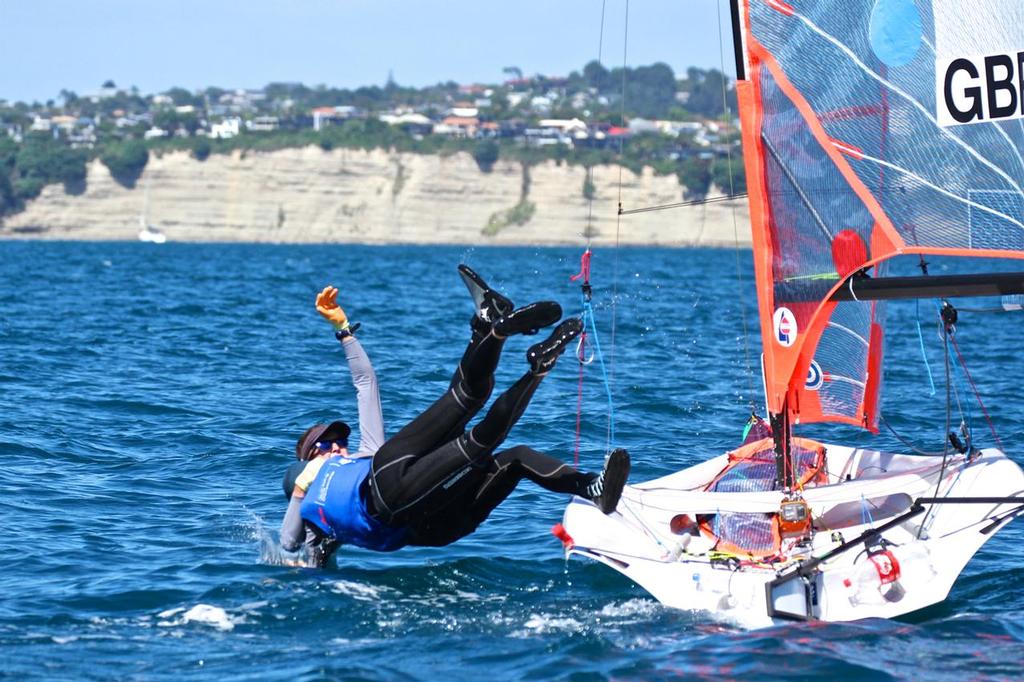 Beaumont and Darling (GBR) take a dive after winning the Boys 29er - Aon Youth Worlds 2016, Torbay, Auckland, New Zealand, Day 5, December 19, 2016 © Richard Gladwell www.photosport.co.nz