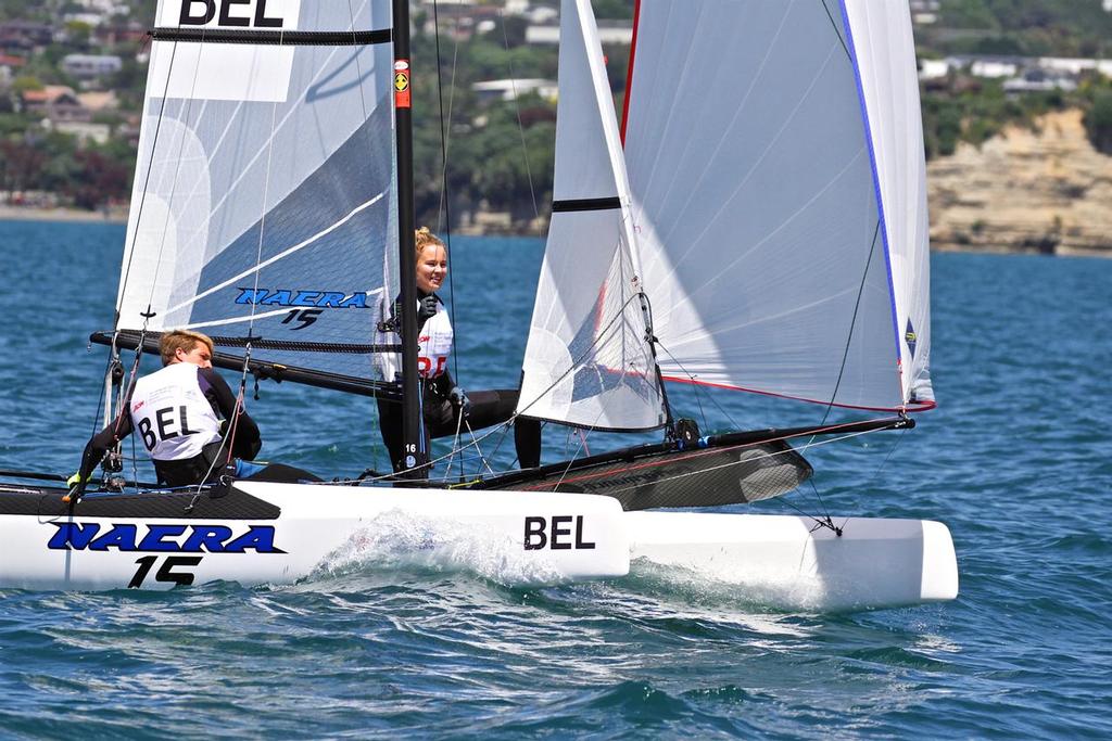 Isaura Maenhaut is all smiles as she realise that she and skipper Henri Demesmaeker (BEL) have stolen a march and won the Bronze Medal - Aon Youth Worlds 2016, Torbay, Auckland, New Zealand, Day 5, December 19, 2016 © Richard Gladwell www.photosport.co.nz