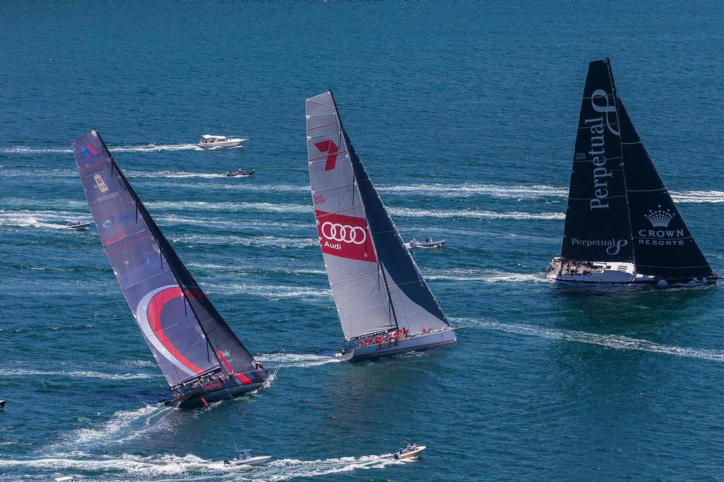 Perpetual Loyal crosses in front of Wild Oats XI and Scallywag. - SOLAS Big Boat Challenge © Andrea Francolini