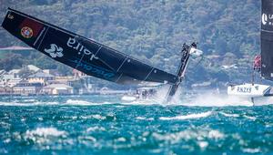 Act 8, Extreme Sailing Series Sydney 2016 – Day 1 – During race three on the opening day, Visit Madeira capsized their GC32 on Sydney Harbour. photo copyright Jesus Renedo / Lloyd images taken at  and featuring the  class