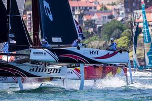 Swiss Alinghi go in to the final day's racing of 2016 at the top of the Act 8, Sydney leaderboard. - 2016 Extreme Sailing Series™ Act 8, Sydney photo copyright Jesus Renedo / Lloyd images taken at  and featuring the  class