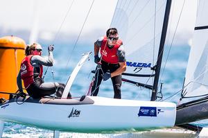 Olivia Mackay and Micah Wilkinson won race six in the Nacra 17 - Sailing World Cup Final - Melbourne 2016 photo copyright Pedro Martinez / Sailing Energy / World Sailing taken at  and featuring the  class