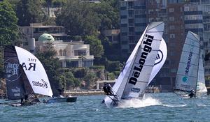 The League's video team capture all the action as the fleet approach the bottom mark - 18ft Skiffs Syd. Barnett Jr. Memorial Trophy photo copyright Frank Quealey /Australian 18 Footers League http://www.18footers.com.au taken at  and featuring the  class