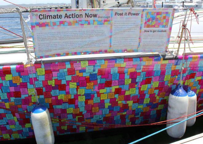 Lisa Blair's yacht is decorated with climate action messages. © ABC Great Southern: Lisa Morrison