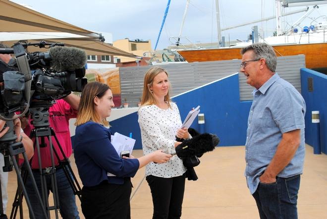SB20 Tasmanian champion Scott Brain talking to the media at Bellerive Yacht Club’s launch ©  Peter Campbell
