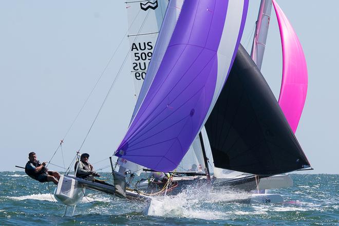 Cross gybes for good close racing with Christopher and Richard Brewin from NSW in front. - Pinkster Gin 2017 F18 Australian Championship ©  Alex McKinnon Photography http://www.alexmckinnonphotography.com
