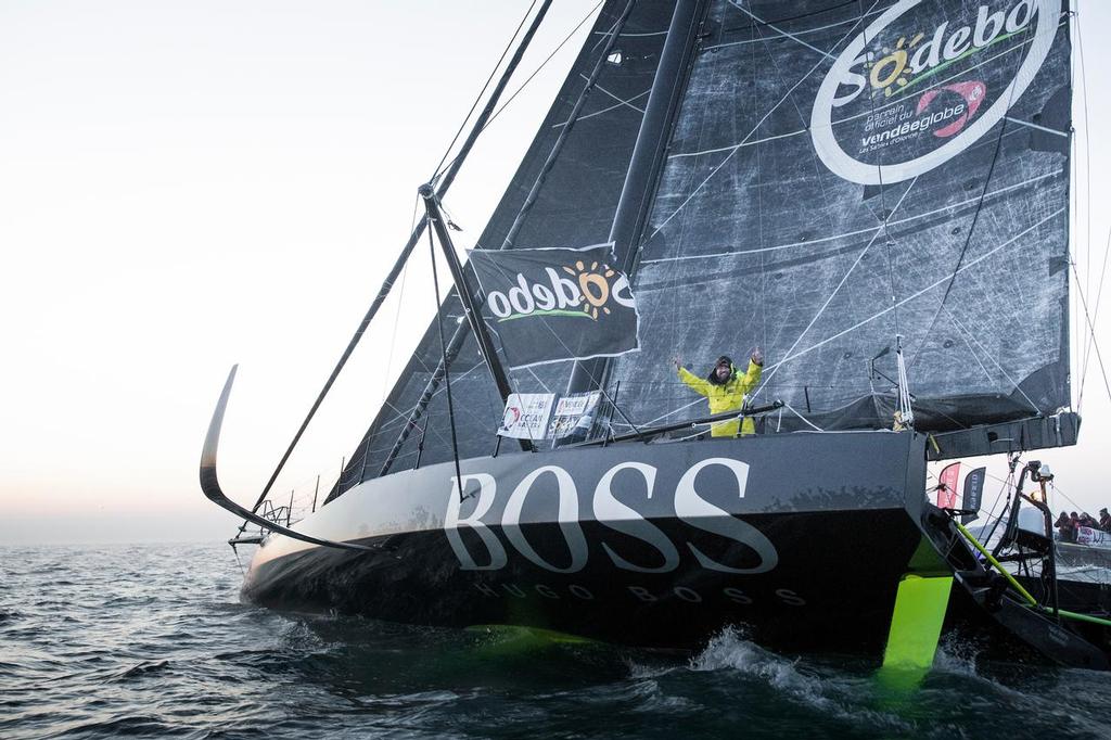 The Vendee Globe 2016 - 2017<br />
British yachtsman Alex Thomson onboard his ‘Hugo Boss”  IMOCA Open60. He finished 2nd in the Vendee Globe solo non stop around the world yacht race. Shown here in the Sables d Olonne port celebrating. He completed the solo non stop around the world race in 74days. 19hours and 35 minutes<br />
<br />
Photo by Lloyd Images © Lloyd Images