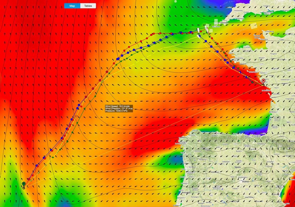 Projected positions and time of tack Wednesday January 18, 2017 at 1530UTC. For a finish at 1800hrs UTC on Thursday January 19, 2017 - Vendee Globe race photo copyright PredictWind taken at  and featuring the  class
