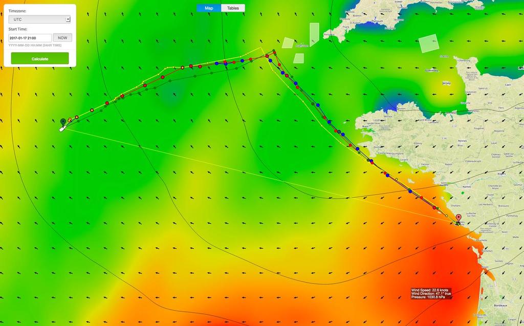 Optimed courses - Vendee Globe - 48hrs left to sail- based on positions at the 2200hrs FR sked (2100UTC) on January 17, 2016 photo copyright PredictWind taken at  and featuring the  class