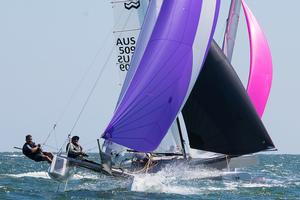 Cross gybes for good close racing with Christopher and Richard Brewin from NSW in front. - Pinkster Gin 2017 F18 Australian Championship photo copyright  Alex McKinnon Photography http://www.alexmckinnonphotography.com taken at  and featuring the  class