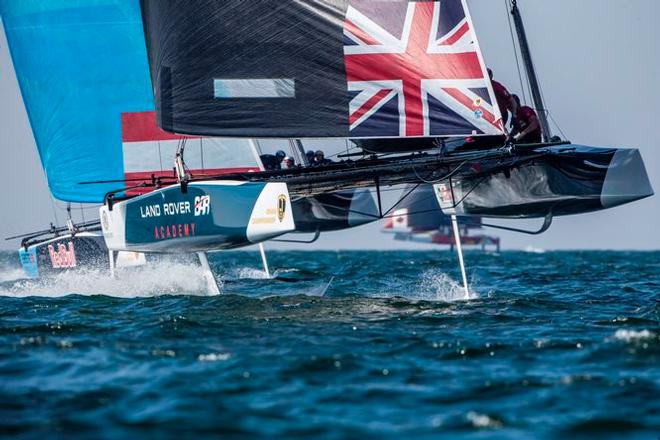 Land Rover BAR Academy demonstrating the foiling capabilities of the GC32 this week, taking part in the GC32 Championship in Muscat. - 2017 GC32 Championship © Jesus Renedo / GC32 Championship Oman