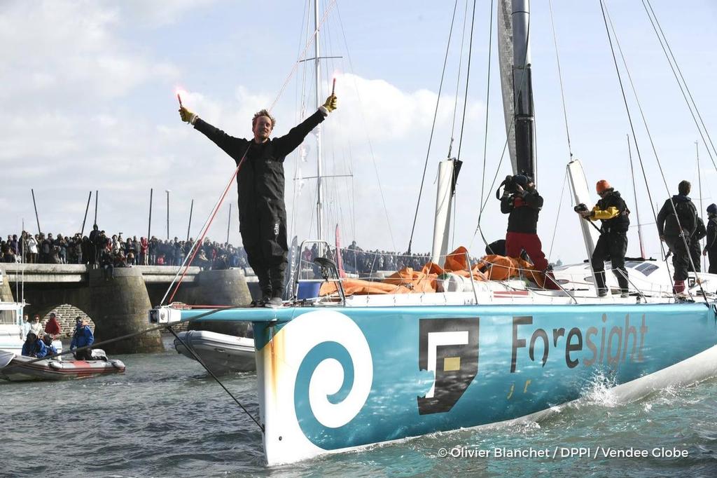  - Vendee Globe - Conrad Colman finishes under Jury Rig in Les Sables d'Olonne - February 24, 2017 photo copyright  Olivier Blanchett / DPPI / Vendee Globe http://www.vendeeglobe.org/ taken at  and featuring the  class