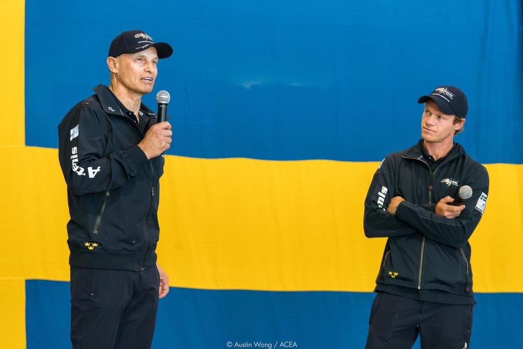 Torbjorn Tornqvist (left) and skipper Nathan Outteridge Artemis Racing - AC50 launch, Bermuda, February 22, 2017 © Artemis Racing