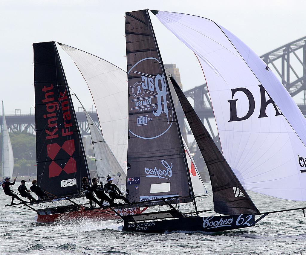 Coopers-Rag leads NZ's Knight Frank on the run across Sydney Harbour - Race 2 - 2017 JJ Giltinan Trophy 18ft Skiff Championship, February 26, 2017 photo copyright Frank Quealey /Australian 18 Footers League http://www.18footers.com.au taken at  and featuring the  class