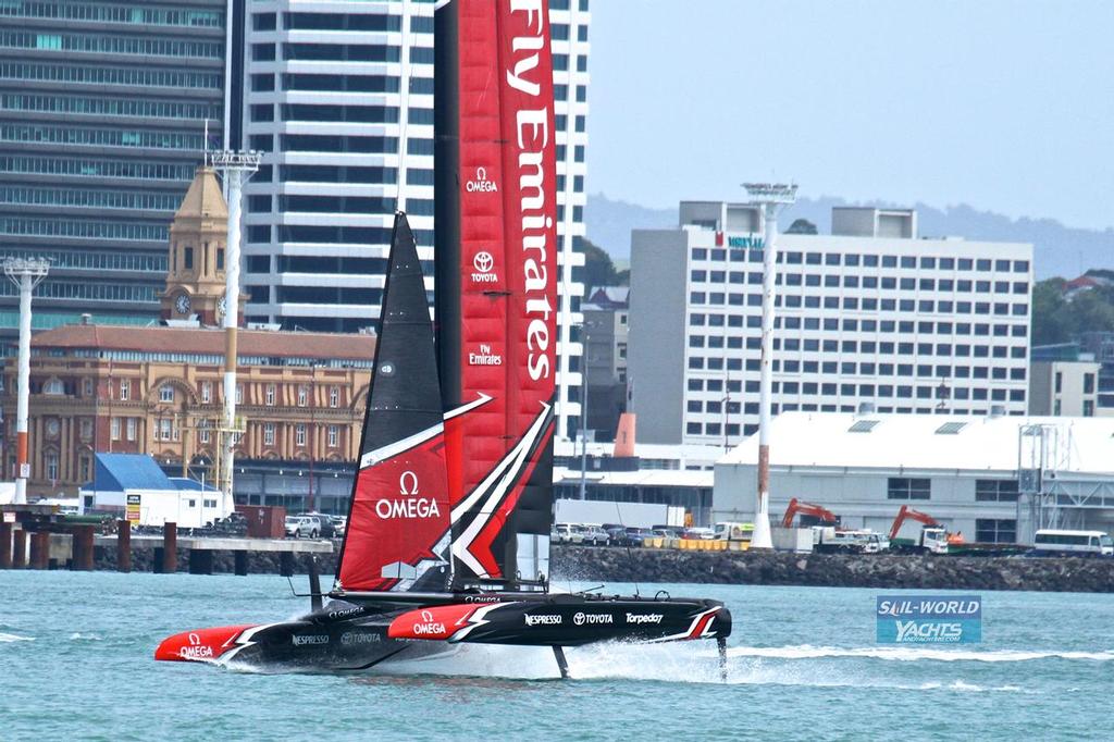 Emirates Team New Zealand's new AC50 lifts out after a dive when sailing for the second time  from the Team's base in Auckland.  February 15, 2017 photo copyright Richard Gladwell www.photosport.co.nz taken at  and featuring the  class