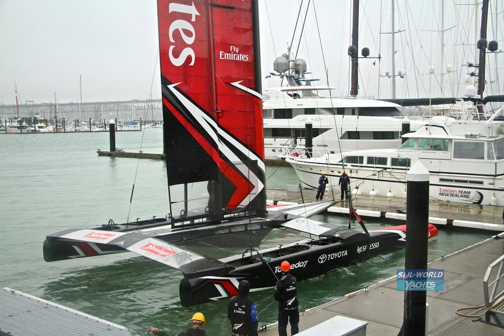 Christening splash - Emirates Team New Zealand AC 50 launch ceremony at the  Team's base in Auckland.  February 16, 2017 © Richard Gladwell www.photosport.co.nz