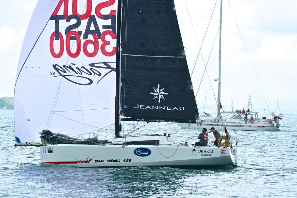 The Jeanneau sunfast 3600 won the 2017 Two-hand Round North Island (of New Zealand ) Race, but at 37ft is outside the World Sailing target length of 34ft.Start SSANZ Two Man Round North Island race Auckland.  February 16, 2017 photo copyright Richard Gladwell www.photosport.co.nz taken at  and featuring the  class