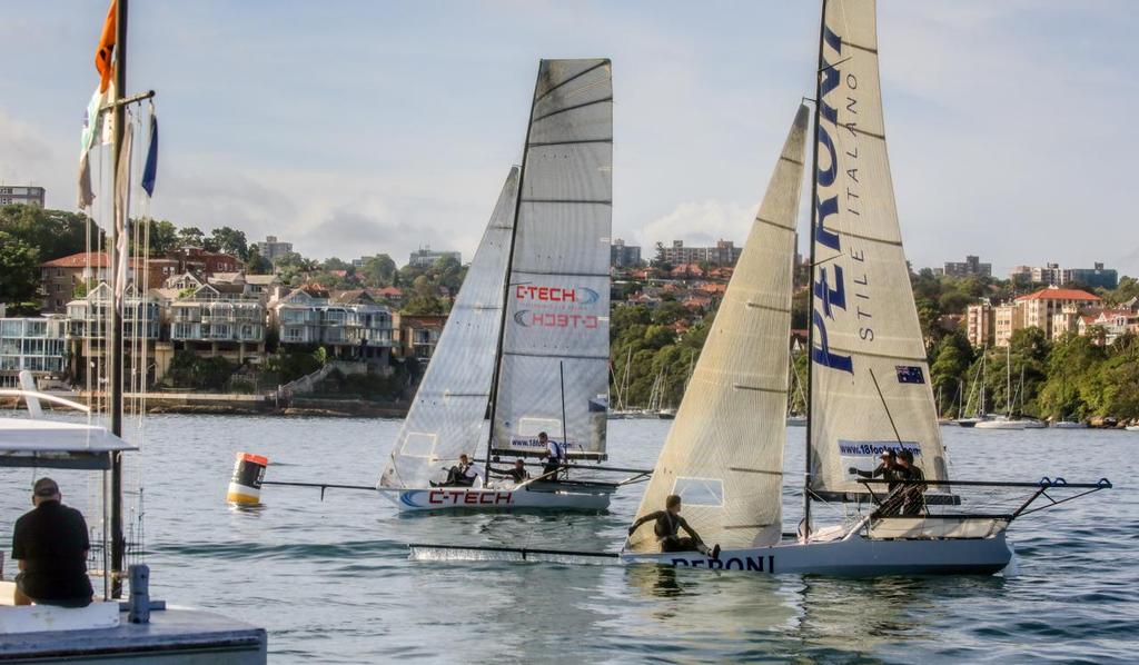 C-Tech racing for fourth ahead of Peroni 27 minutes after the finish of the third placed Knight Frank - Race 3 - 2017 JJ Giltinan Trophy 18ft Skiff Championship, February 28, 2017 photo copyright Michael Chittenden  taken at  and featuring the  class