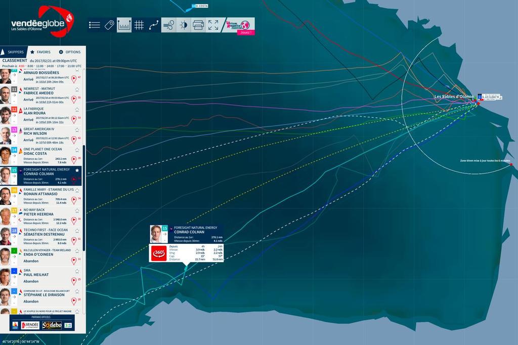 Conrad Colman on February 22, 2017 at 1039NZT - his direction is expected to be more directly to the finish once he has cleared the light airs. The usual approach is from the English Channel (see the next to boat finish at the top of the screen) photo copyright Vendee Globe http://www.vendeeglobe.org taken at  and featuring the  class
