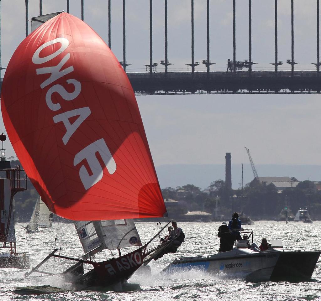 The Australian 18 Footers League's video team follow the flying Asko skiff on Sydney Harbour photo copyright Frank Quealey /Australian 18 Footers League http://www.18footers.com.au taken at  and featuring the  class