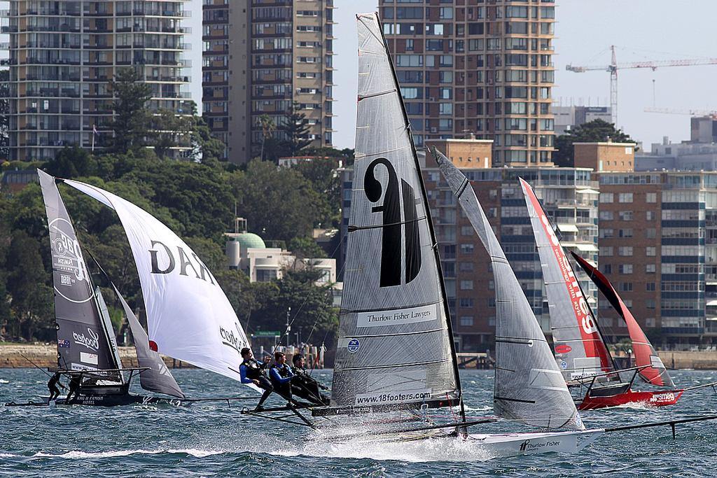 Thurlow Fisher Lawyers challenges for second place midway through Race 2 of the championship - Race 2 - 2017 JJ Giltinan Trophy 18ft Skiff Championship, February 26, 2017 photo copyright Frank Quealey /Australian 18 Footers League http://www.18footers.com.au taken at  and featuring the  class