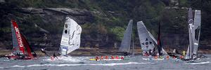 Chaos at the Obelisk mark as a group of paddlers get in the way - 18ft Skiffs - JJ Giltinan Championship 2017 photo copyright 18footers.com taken at  and featuring the  class