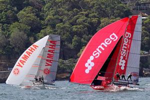Defending champion Smeg chases the series leader Yamaha - JJ Giltinan 18ft Skiff Championship photo copyright Frank Quealey /Australian 18 Footers League http://www.18footers.com.au taken at  and featuring the  class