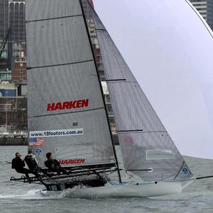 Harken (USA) led the fleet to the wing mark - JJ Giltinan 18ft Skiff Championship photo copyright Frank Quealey /Australian 18 Footers League http://www.18footers.com.au taken at  and featuring the  class