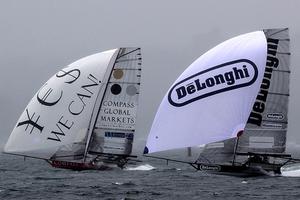 Local teams Compassmarkets.com and De'Longhi on the first spinnaker run - 18ft Skiffs - JJ Giltinan Championship 2017 photo copyright 18footers.com taken at  and featuring the  class