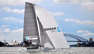 Maersk Line, skippered by the man responsible for the New Zealand resurgence in 18ft Skiff Racing photo copyright Frank Quealey /Australian 18 Footers League http://www.18footers.com.au taken at  and featuring the  class