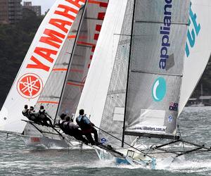 Yamaha and appliancesonline in a tight spinnaker battle as they head for the bottom mark - JJ Giltinan 18ft Skiff Championship photo copyright Frank Quealey /Australian 18 Footers League http://www.18footers.com.au taken at  and featuring the  class