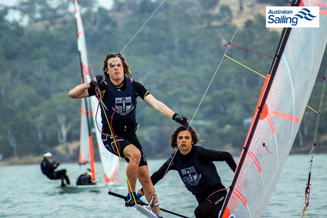 Concentration is evident with this 29er crew at the Tasmanian Youth Championships last weekend. © Australian Sailing