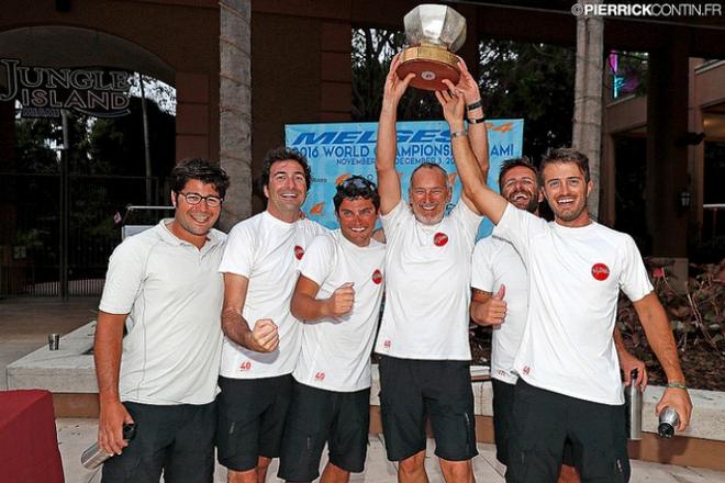 The highest ranked Corinthian team in the Melges 24 World Ranking 2016 - Marco Zammarchi's Taki 4 ITA778 with The Challenge Henri Samuel Trophy at the 2016 World Championship prize giving in Miami ©  Pierrick Contin http://www.pierrickcontin.fr/