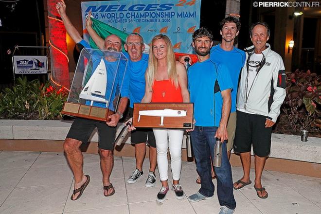 The winner of the Melges 24 NorAmTour 2016 - Conor Clarke's Embarr IRL829 victorious with the Melges Performance Sailboats Trophy at the prizegiving of the 2016 Melges 24 World Championship in Miami ©  Pierrick Contin http://www.pierrickcontin.fr/