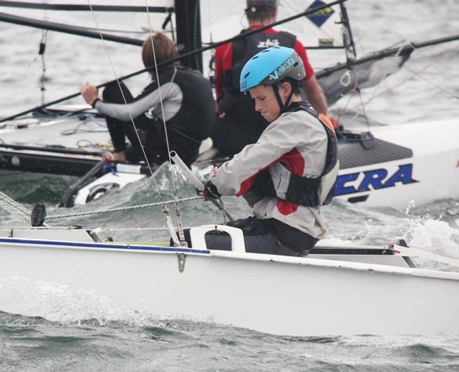 Young Archie Gargett from Kurnell focused on his race start time - Kurnell Catamaran Club Youth Regatta © Leanne Gould