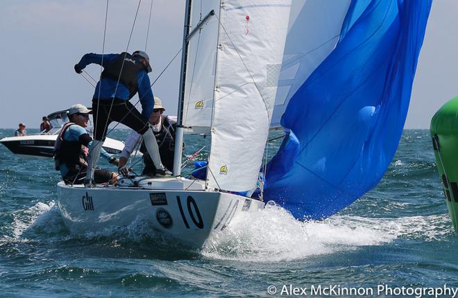 Fifteen+ (David Clark, Andrew Smith, Ian Johnson) at the weather mark for the second time in Race Five. Bullet and a third on the day saw them take third place overall. - Brighton Land Rover 2017 VIC Etchells Championship ©  Alex McKinnon Photography http://www.alexmckinnonphotography.com