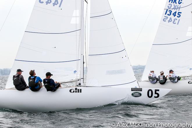 Tango (Chirs Hampton, Sam Haines and Mark Andrews) with Conspiracy from Hong Kong (James Polson, Akira Sakai, and Rory Godman) doing some tuning before the start of the first race - Brighton Land Rover 2017 Etchells VIC Championship ©  Alex McKinnon Photography http://www.alexmckinnonphotography.com