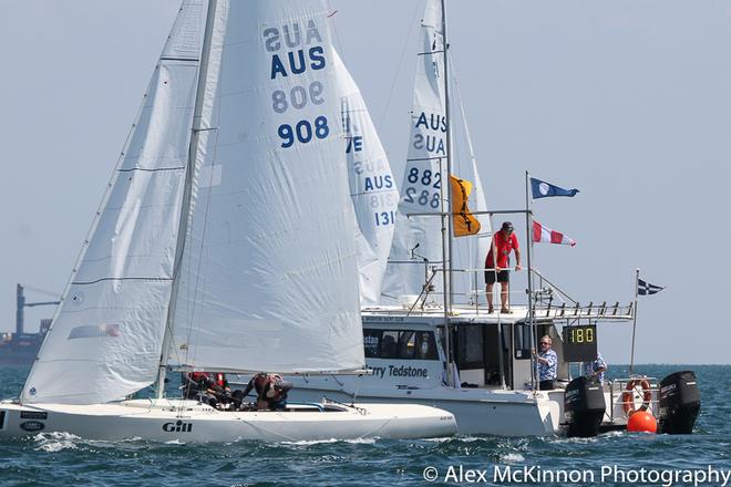 Thanks to all the volunteers. Kevin Wilson waits for the breeze to settle before pulling done the AP to start the day’s racing.  - 2017 Brighton Land Rover Etchells Victorian Championship ©  Alex McKinnon Photography http://www.alexmckinnonphotography.com