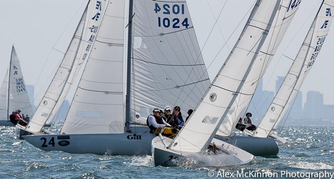 Tight racing at the top mark. Land Rat (John Warlow, Curtis Skinner, and Mick Patrick from QLD) got third place in Race Three. - 2017 Brighton Land Rover Etchells Victorian Championship ©  Alex McKinnon Photography http://www.alexmckinnonphotography.com